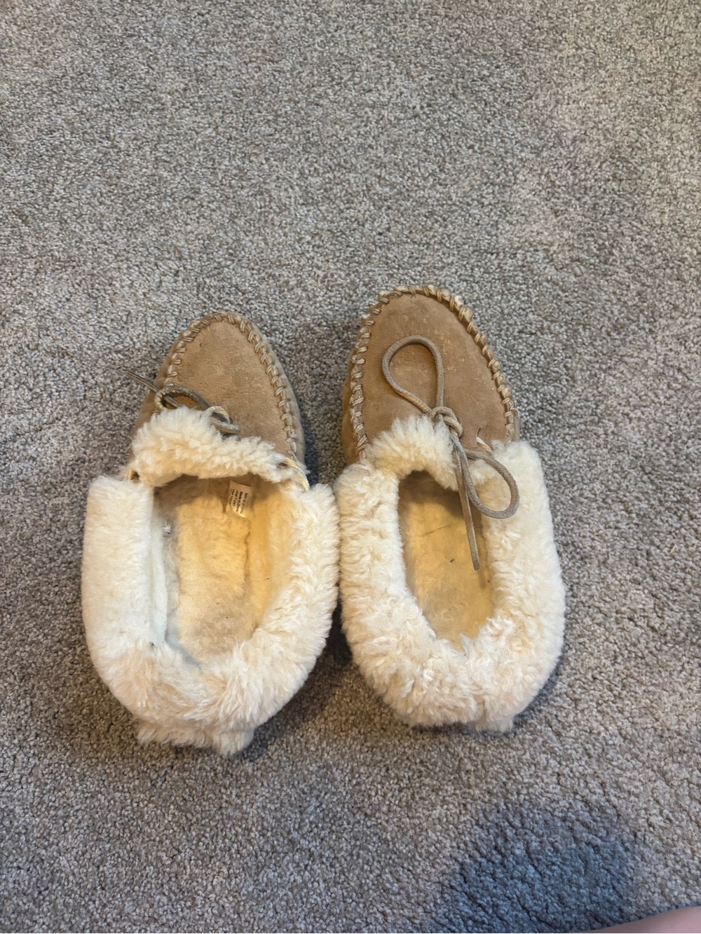 L.L. Bean Tan Suede Moccasin Slippers with Cream Faux Shearling